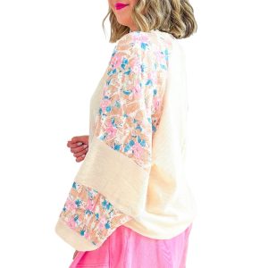 Plus Size Floral Patchwork Ribbed Puff Sleeve Top - Apricot - Main View
