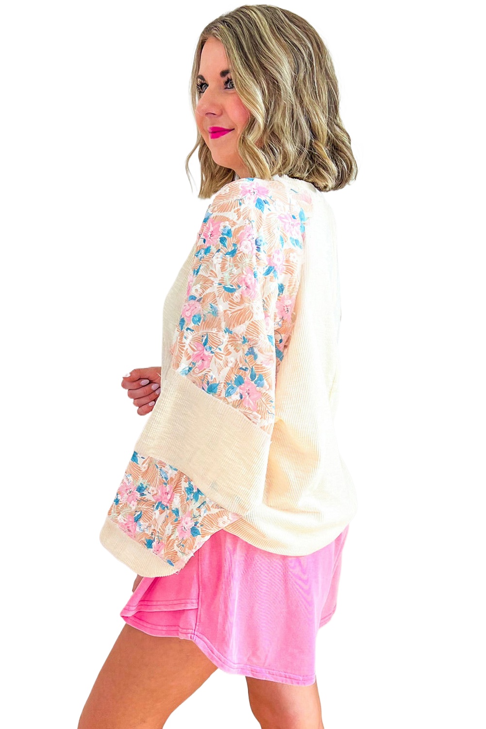 Plus Size Floral Patchwork Ribbed Puff Sleeve Top - Apricot - Main View Plus Size Floral Patchwork Ribbed Puff Sleeve Top - Apricot - Main View