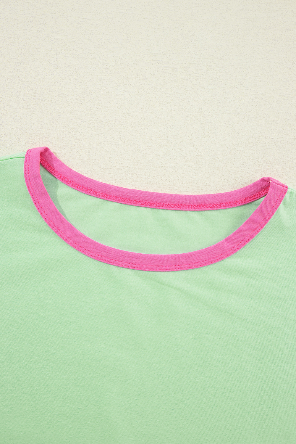 Versatile Round Neck Top: Green Colorblock Patchwork Design - Detail View 7 Versatile Round Neck Top: Green Colorblock Patchwork Design - Detail View 7