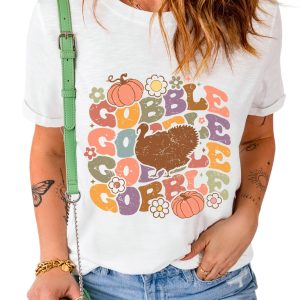 Women's White Thanksgiving Gobble Turkey Graphic Tee - Casual Round Neck T-Shirt - Main View