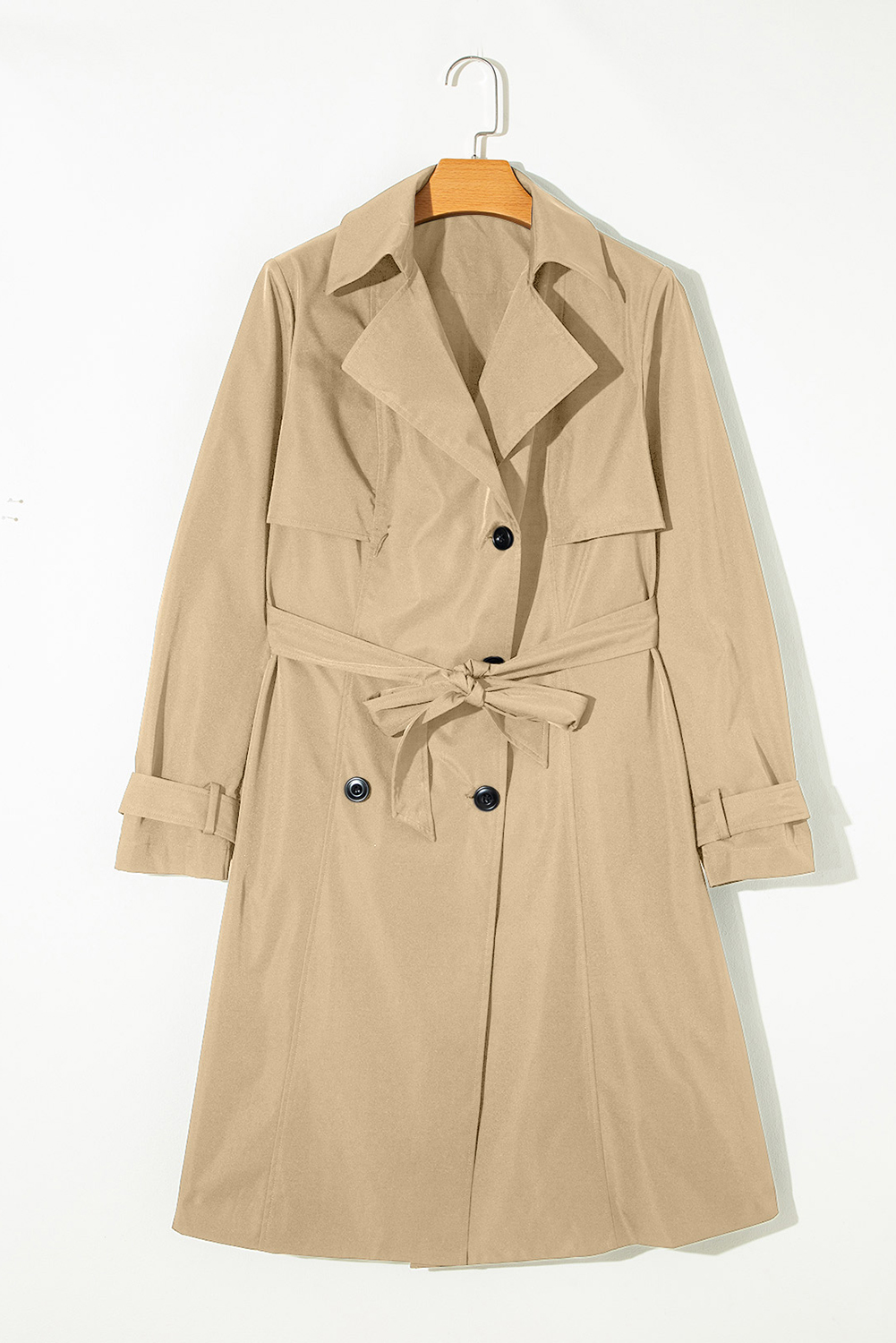 Women's Coat, Pale Khaki, Lapel Collar, Waist Tie, Long Coat, Solid Color, Button Closure, Elegant, Duster, Modern Style, Fall Outerwear, Daily Wear, Timeless Design, Functional, Various Body Types, Fashionable Coats - Detail View 4 Women's Coat, Pale Khaki, Lapel Collar, Waist Tie, Long Coat, Solid Color, Button Closure, Elegant, Duster, Modern Style, Fall Outerwear, Daily Wear, Timeless Design, Functional, Various Body Types, Fashionable Coats - Detail View 4
