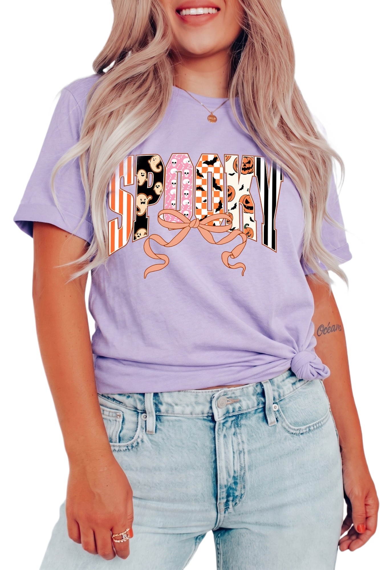 Women's Spooky Halloween T Shirt, Casual Orchid Petal Top - Main View Women's Spooky Halloween T Shirt, Casual Orchid Petal Top - Main View
