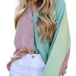 Women's Phalaenopsis Color Block Corded Buttoned Oversized Shacket - Main View