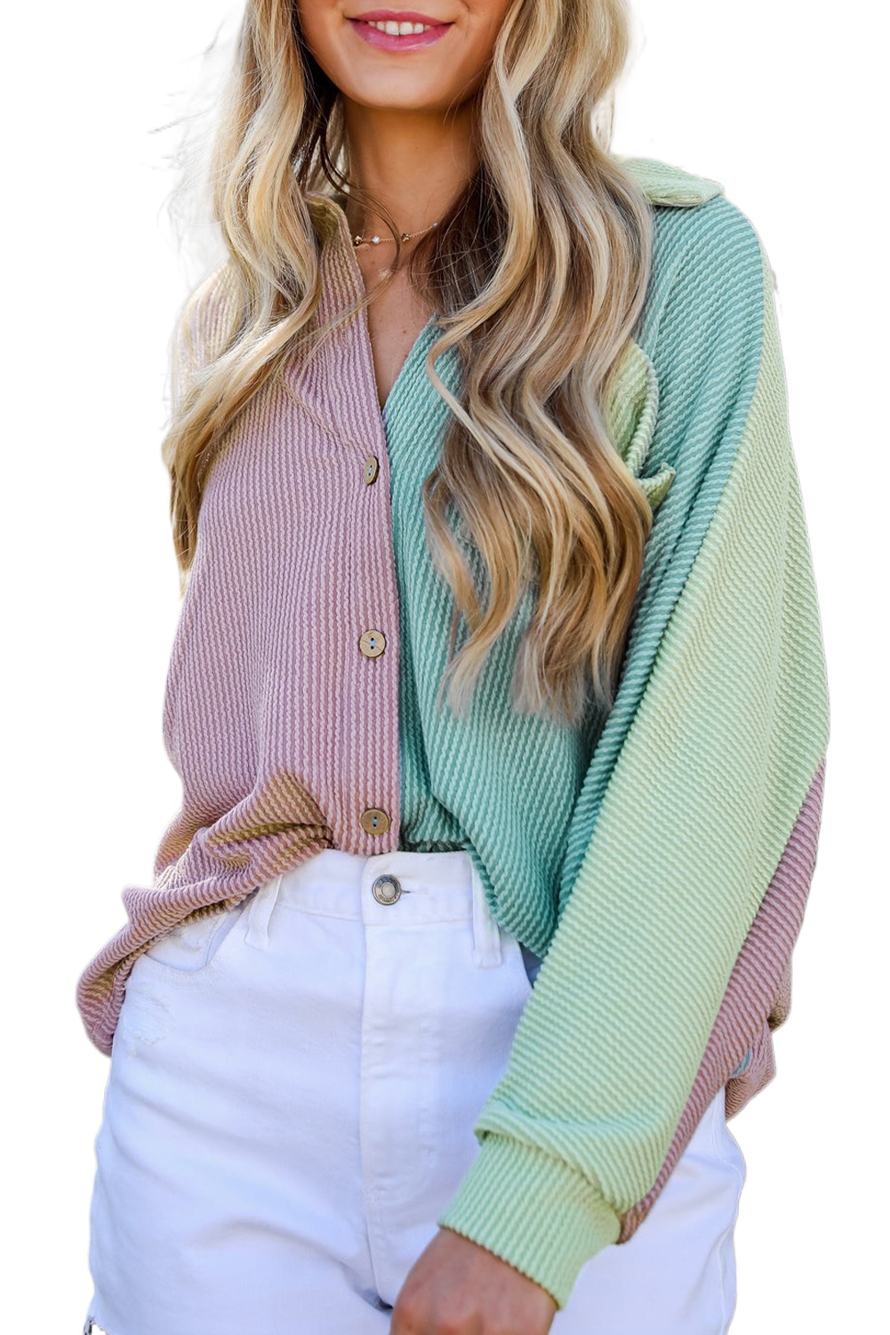 Women's Phalaenopsis Color Block Corded Buttoned Oversized Shacket - Main View Women's Phalaenopsis Color Block Corded Buttoned Oversized Shacket - Main View