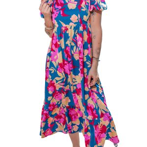 Women's Floral Maxi Dress, Square Neck Casual Summer Outfit - Main View