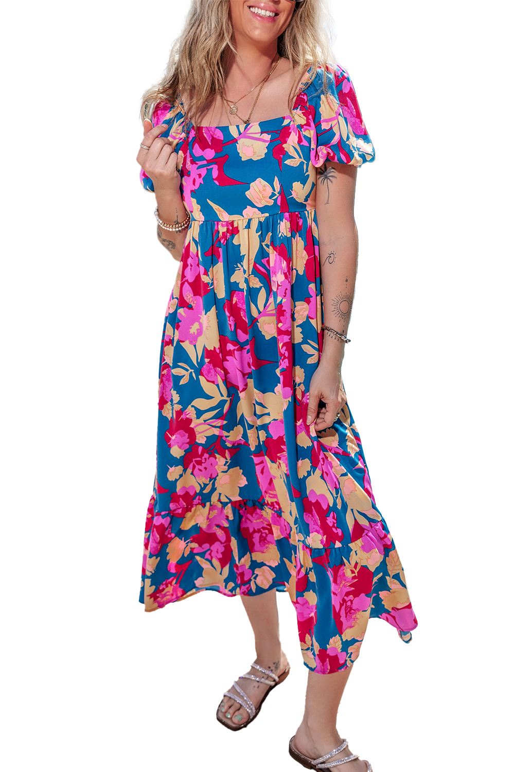Women's Floral Maxi Dress, Square Neck Casual Summer Outfit - Main View Women's Floral Maxi Dress, Square Neck Casual Summer Outfit - Main View