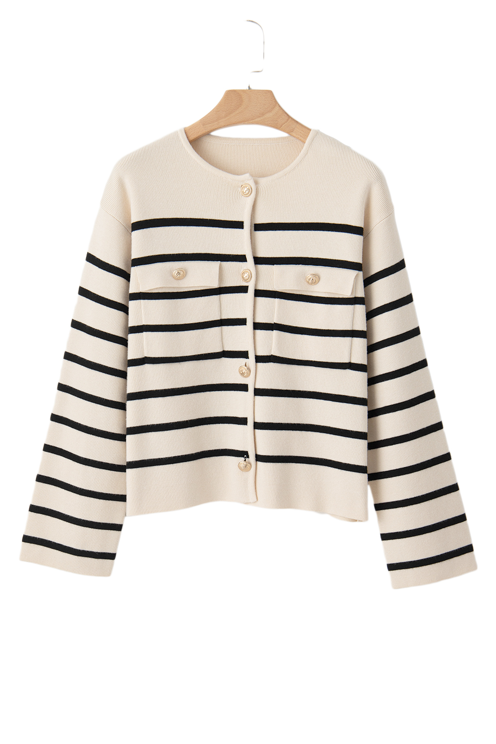Traditional Knit Cardigan with Flap Pockets - Striped Pattern and Buttoned Front - Detail View 22 Traditional Knit Cardigan with Flap Pockets - Striped Pattern and Buttoned Front - Detail View 22