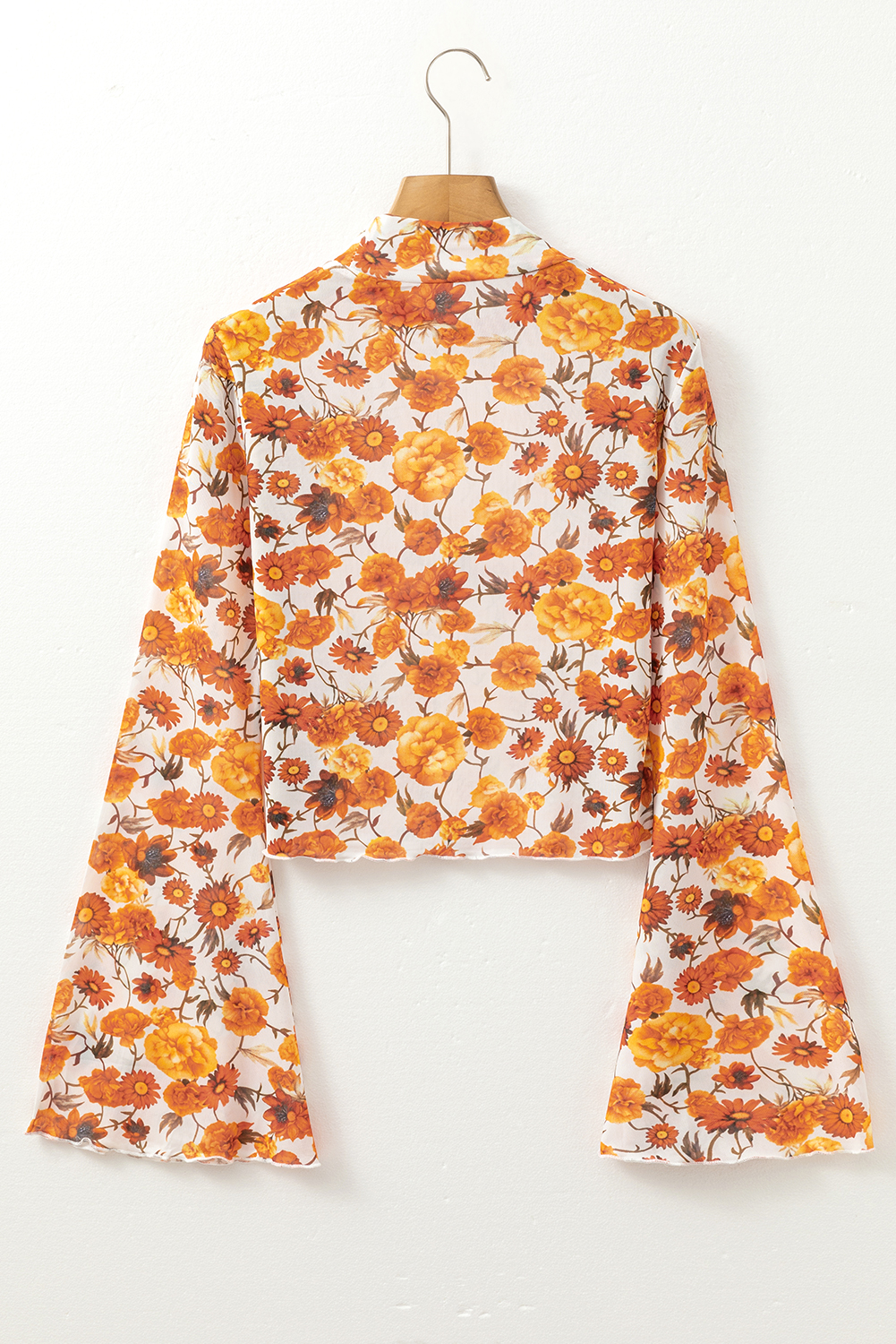 Chic Women's Orange Floral Printed Bell Sleeve Blouse with Mock Neck and Scallop Trim - Detail View 9 Chic Women's Orange Floral Printed Bell Sleeve Blouse with Mock Neck and Scallop Trim - Detail View 9