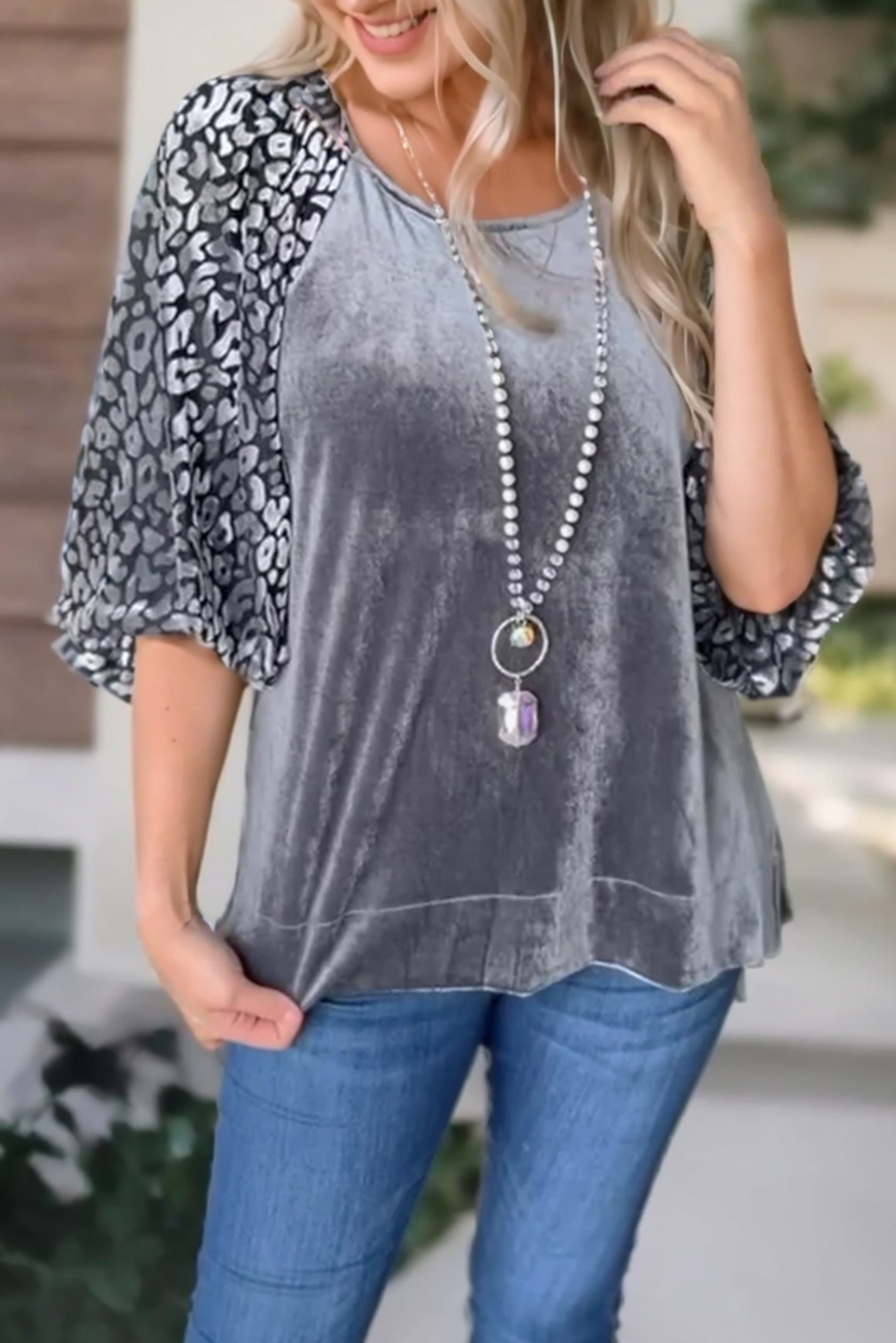Women's Grey Velvet Top, Stylish Leopard Lantern Sleeve Shirt - Detail View 6 Women's Grey Velvet Top, Stylish Leopard Lantern Sleeve Shirt - Detail View 6