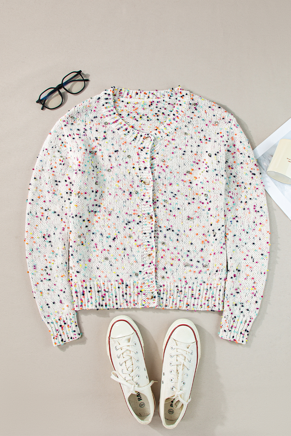 Stylish Long Sleeve Cardigan: White with Multicolor Confetti Pattern - Detail View 7 Stylish Long Sleeve Cardigan: White with Multicolor Confetti Pattern - Detail View 7