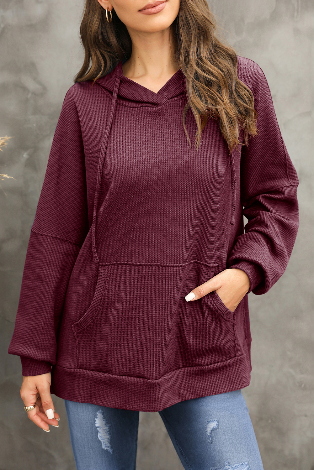 Women's Red Dahlia Waffle Knit Fleece Lined Oversized Hoodie - Detail View 11 Women's Red Dahlia Waffle Knit Fleece Lined Oversized Hoodie - Detail View 11