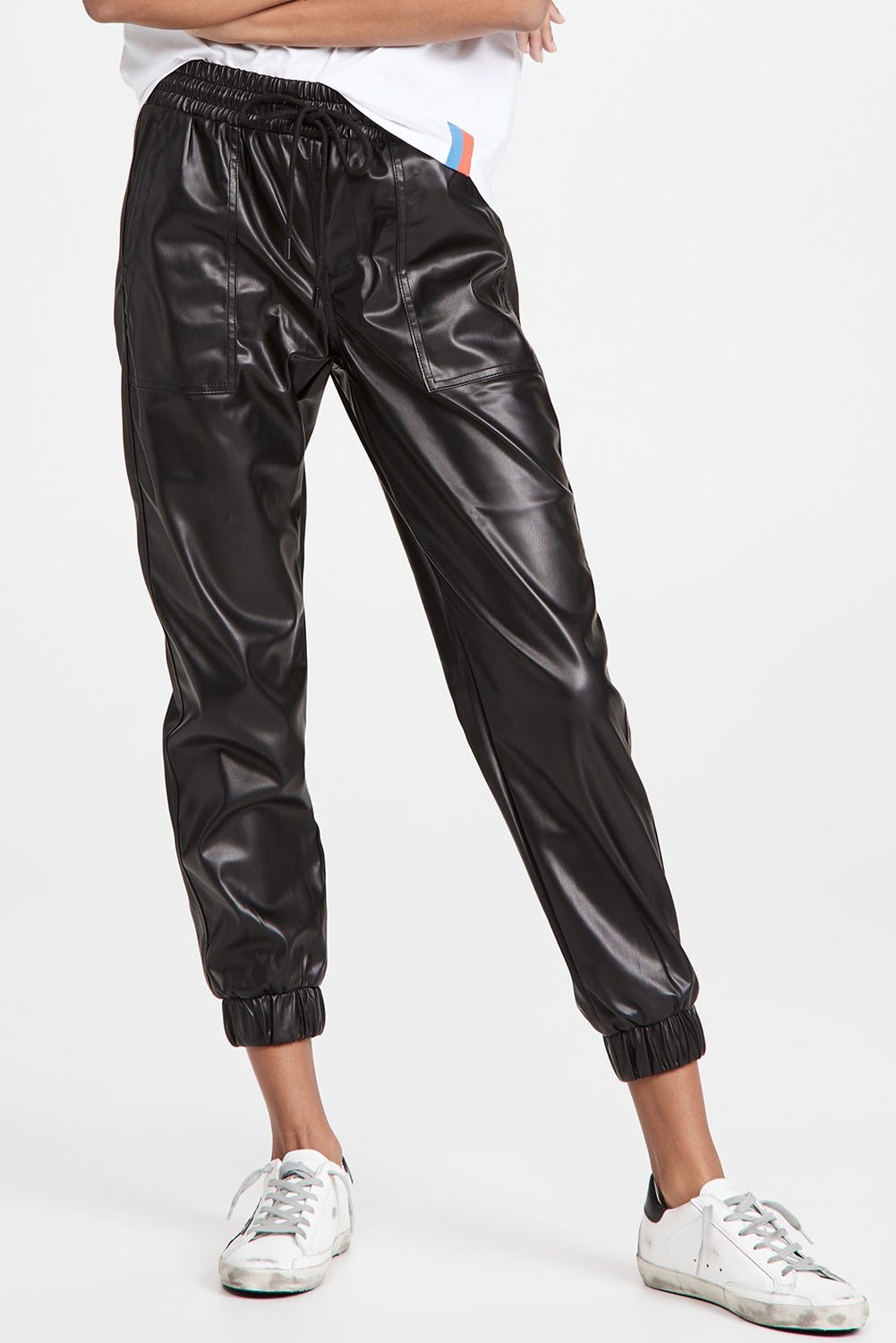 Women's Black Faux Leather Ankle Smocked Waist Drawstring Joggers - Detail View 6 Women's Black Faux Leather Ankle Smocked Waist Drawstring Joggers - Detail View 6