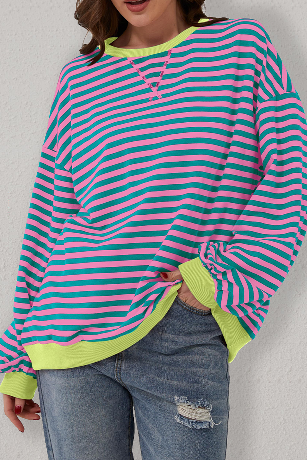 Casual Green Stripe Sweatshirt with Contrast Trim - Oversized Fit - Detail View 7 Casual Green Stripe Sweatshirt with Contrast Trim - Oversized Fit - Detail View 7