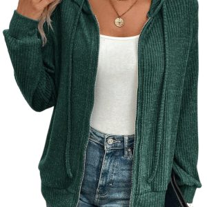 Women's Evergreen Ribbed Zip Up Front Drawstring Hoodie - Trendy and Comfortable - Main View