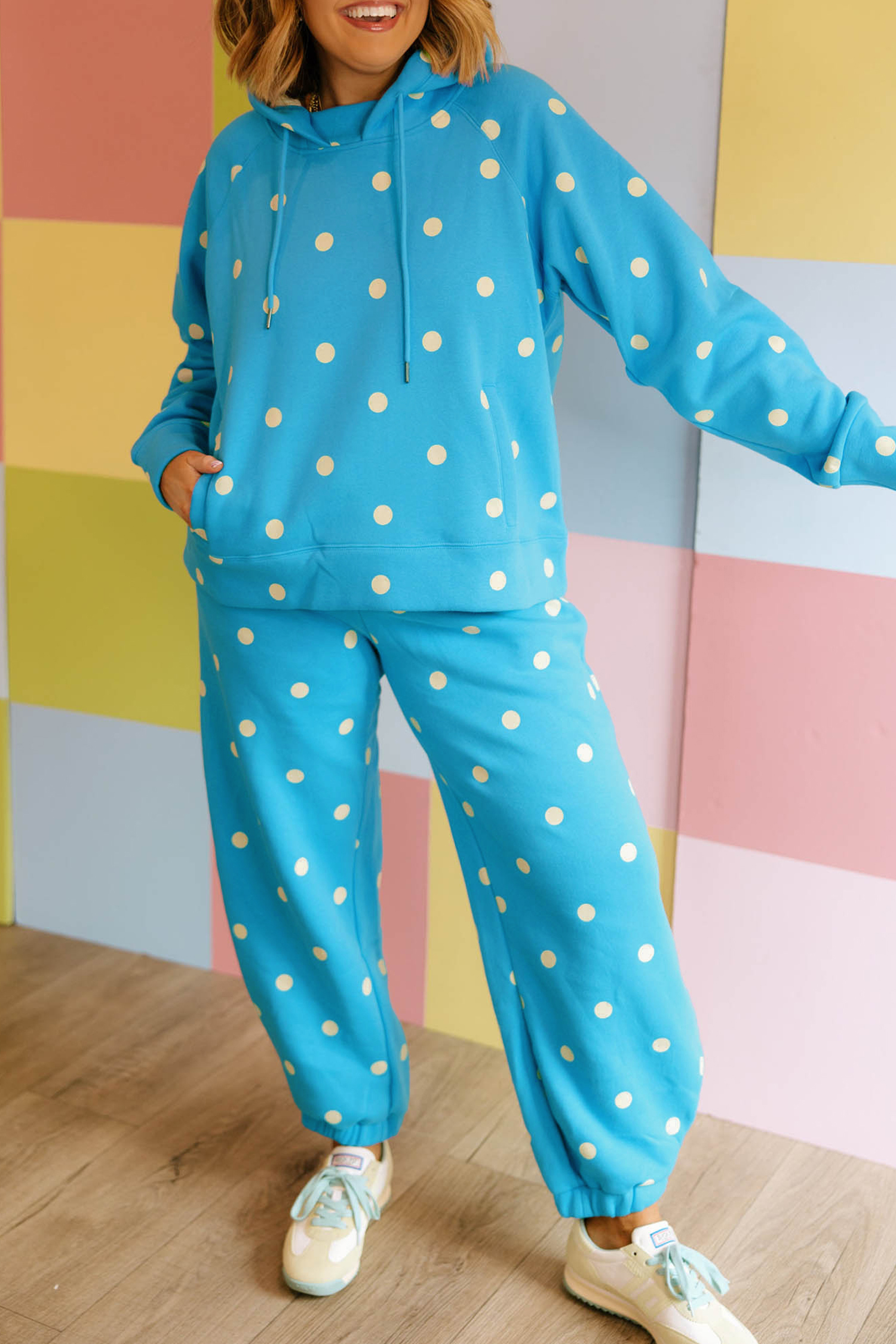 Women's Blue Lounge Set, Cozy Polka Dot Hooded Active Wear - Detail View 5 Women's Blue Lounge Set, Cozy Polka Dot Hooded Active Wear - Detail View 5