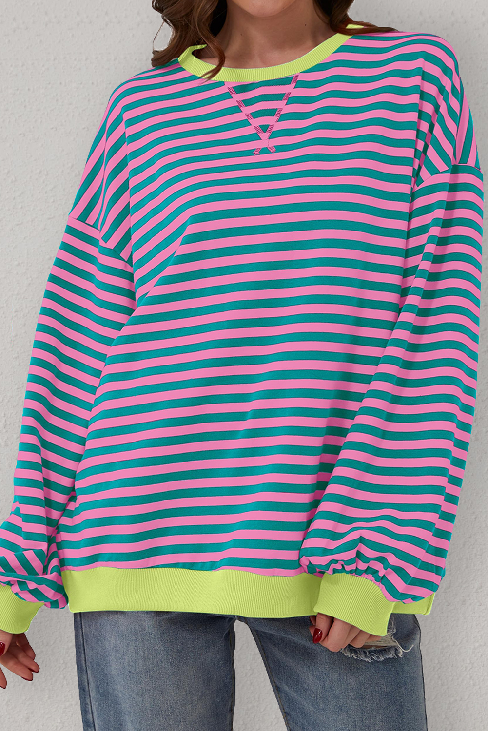 Relaxed Fit and Cozy: Women's Green Stripe Pullover Sweater with Contrast Trim - Detail View 8 Relaxed Fit and Cozy: Women's Green Stripe Pullover Sweater with Contrast Trim - Detail View 8