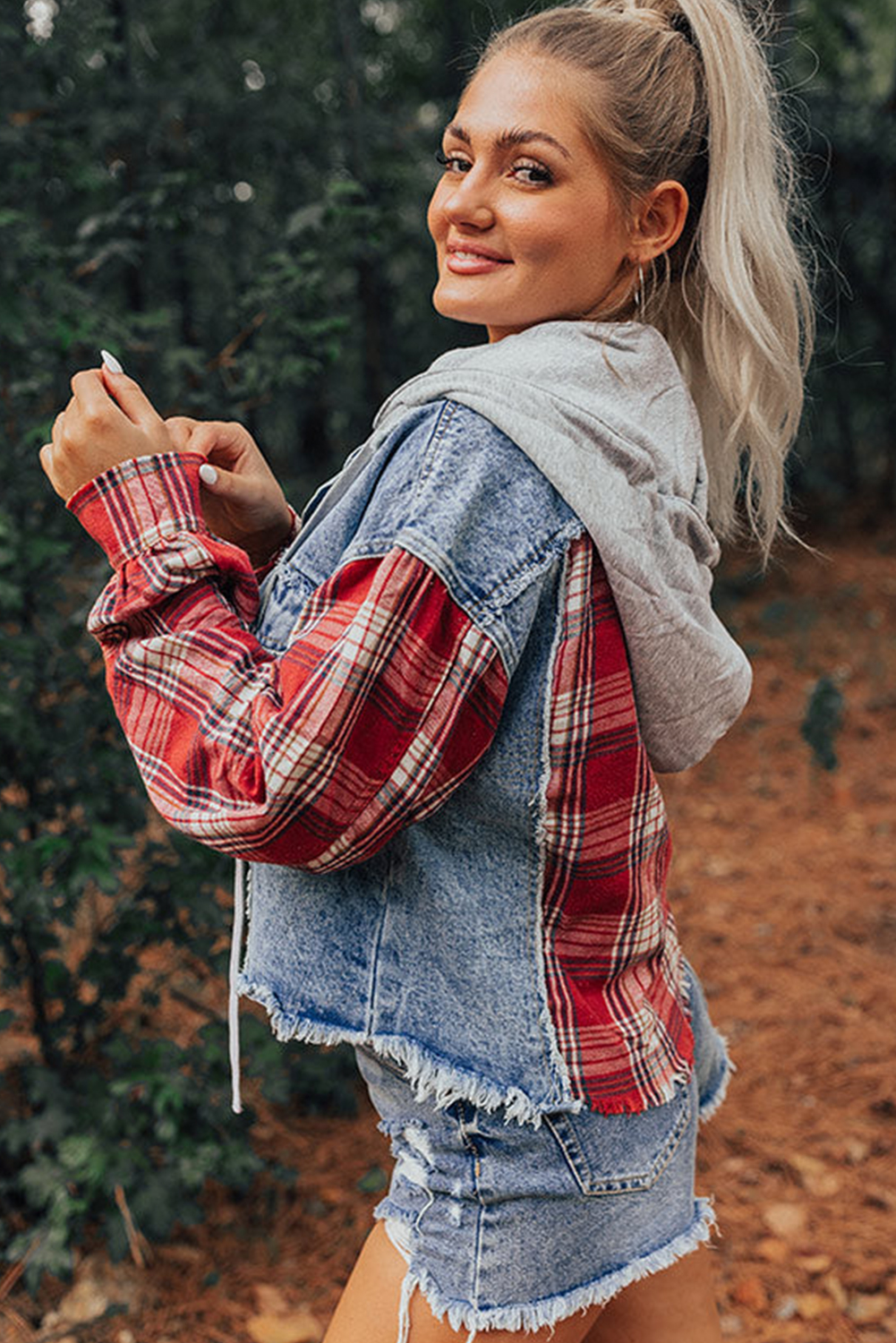 Casual Raw Hem Hooded Jacket - Distressed Details, Spring Style - Detail View 3 Casual Raw Hem Hooded Jacket - Distressed Details, Spring Style - Detail View 3