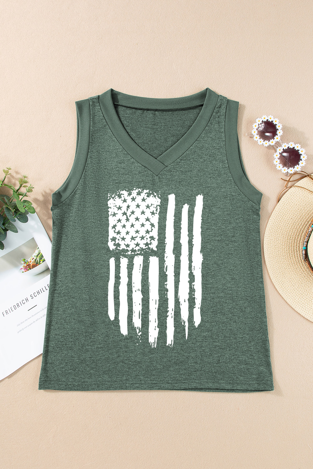 Mist Green American Flag Graphic V Neck Tank Top for Women - Detail View 6 Mist Green American Flag Graphic V Neck Tank Top for Women - Detail View 6