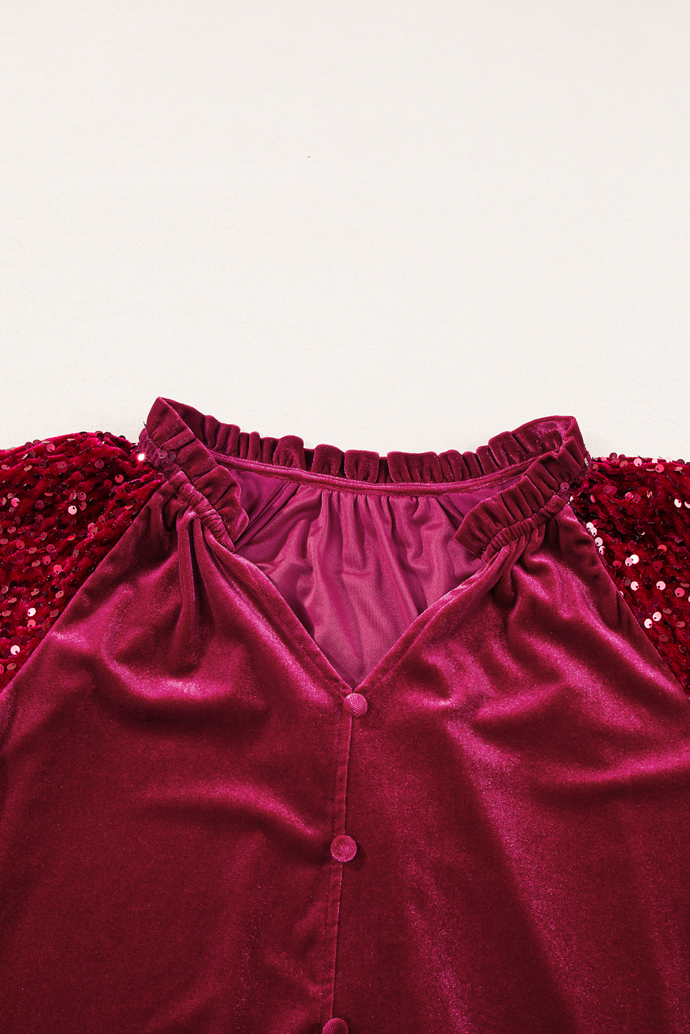 Luxurious Velvet Top with Faux Buttoned Front and Elastic Cuffs - Perfect for a Night Out - Detail View 11 Luxurious Velvet Top with Faux Buttoned Front and Elastic Cuffs - Perfect for a Night Out - Detail View 11