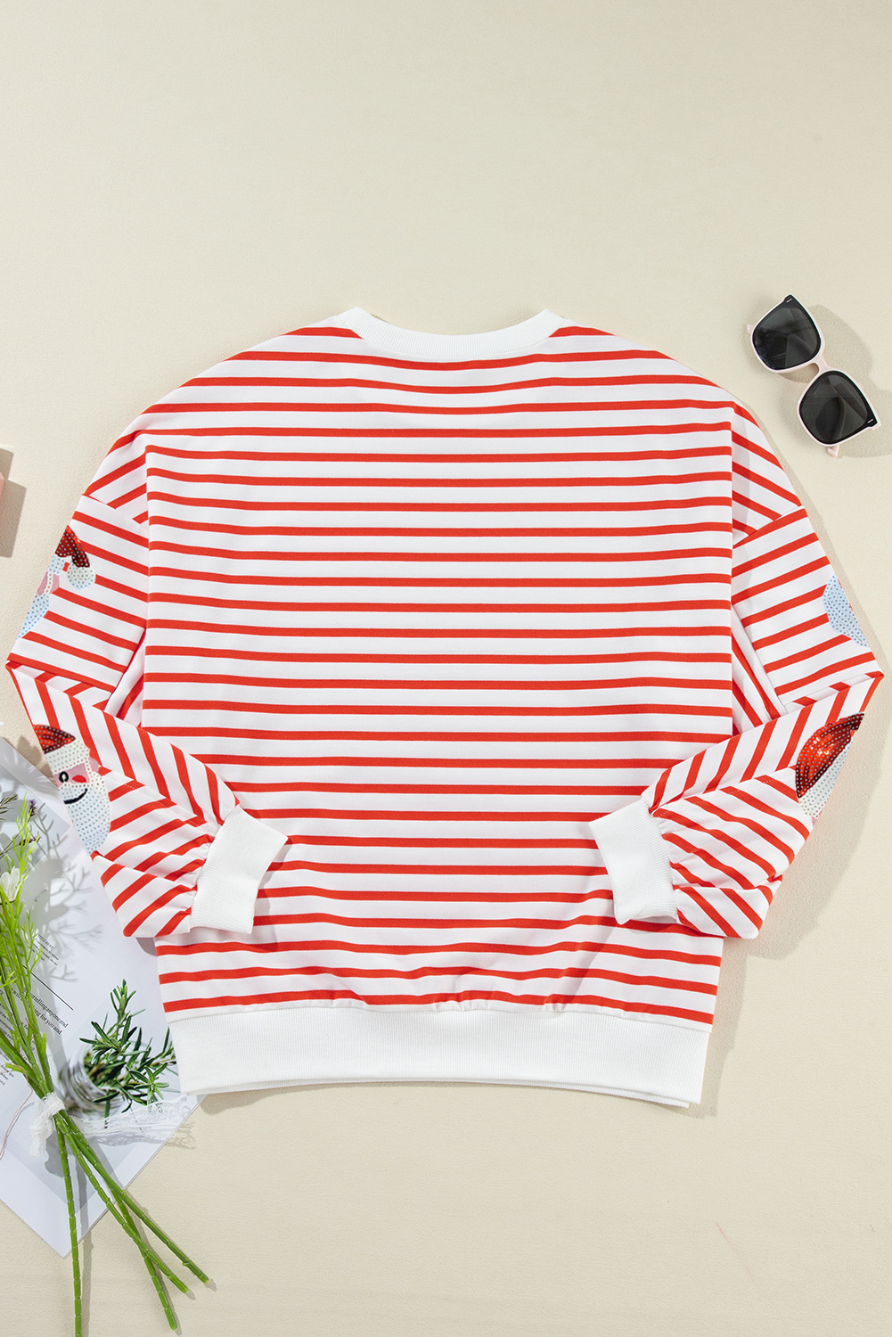 Cozy Long Sleeve Christmas Sweatshirt - Stylish Orange Stripe with Sequin Detail - Detail View 7 Cozy Long Sleeve Christmas Sweatshirt - Stylish Orange Stripe with Sequin Detail - Detail View 7
