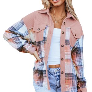 Women's Light Pink Plaid Shacket, Corduroy Patchwork Shirt - Main View