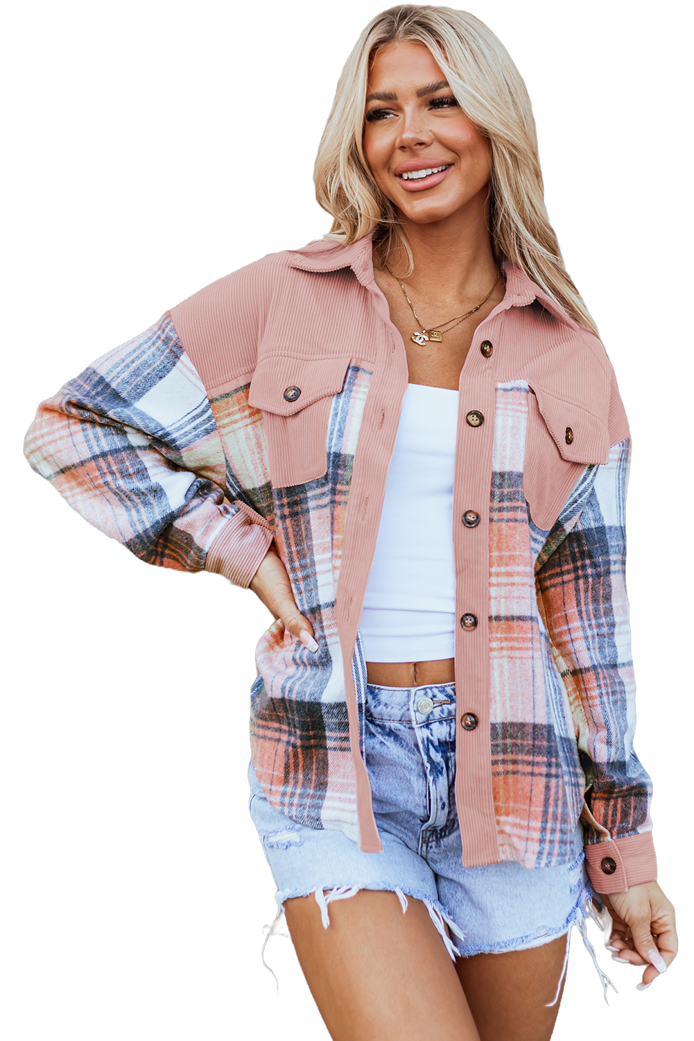 Women's Light Pink Plaid Shacket, Corduroy Patchwork Shirt - Main View Women's Light Pink Plaid Shacket, Corduroy Patchwork Shirt - Main View