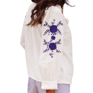 Women's Boho White Floral Embroidered Sleeve Shirt - Main View