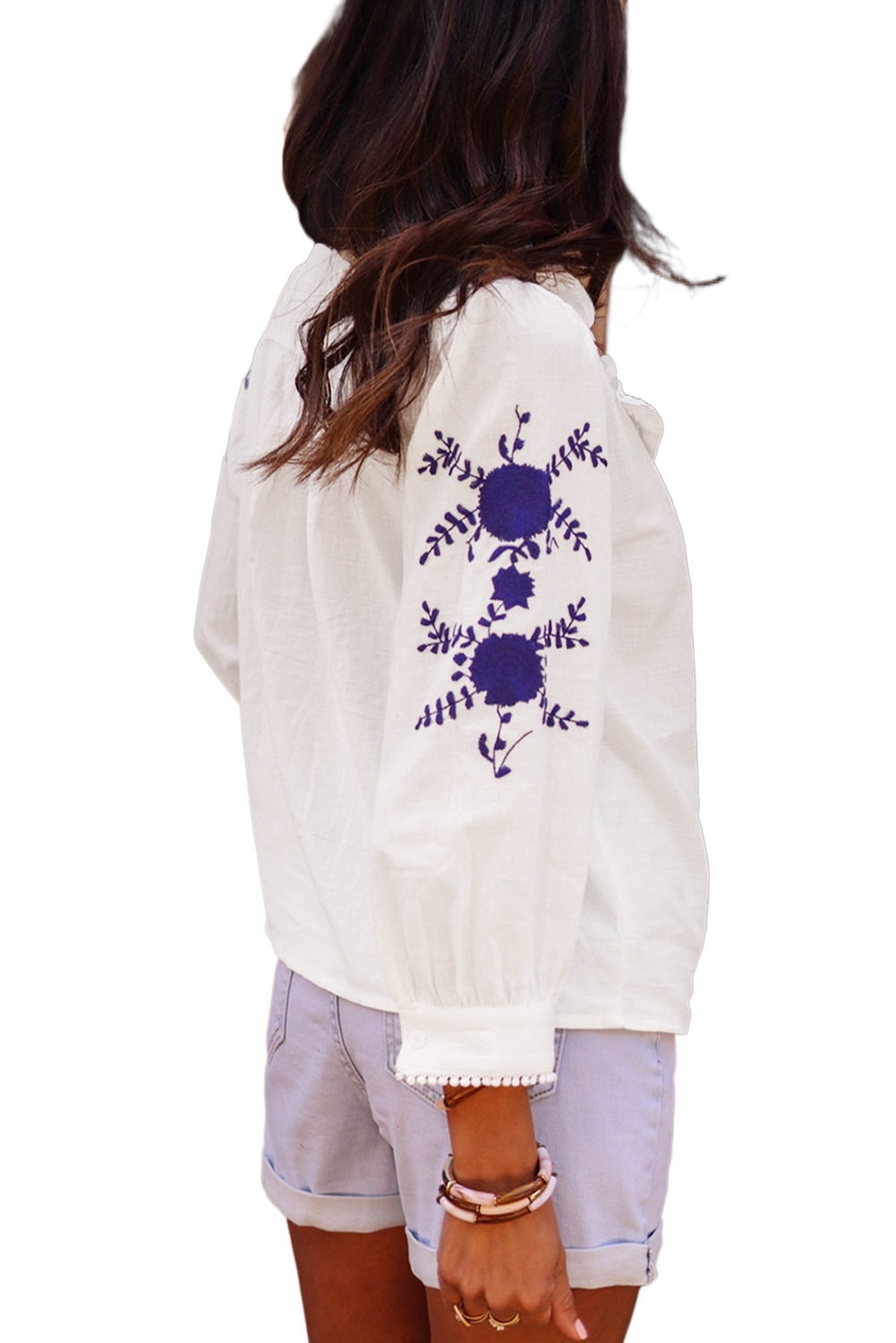 Women's Boho White Floral Embroidered Sleeve Shirt - Main View Women's Boho White Floral Embroidered Sleeve Shirt - Main View
