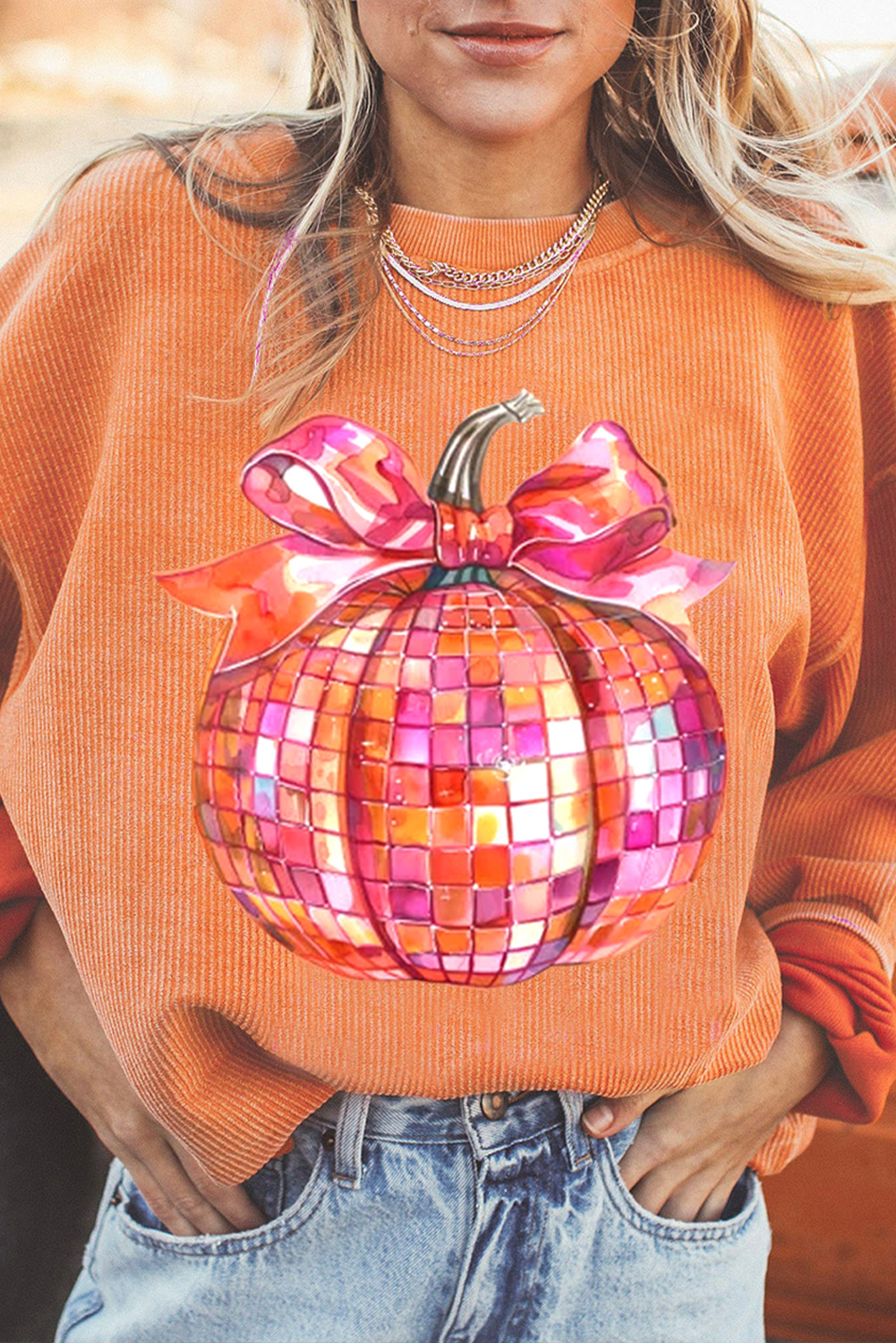 Casual Long Sleeve Thanksgiving Sweatshirt with Playful Pumpkin Bow Graphic - Detail View 2 Casual Long Sleeve Thanksgiving Sweatshirt with Playful Pumpkin Bow Graphic - Detail View 2