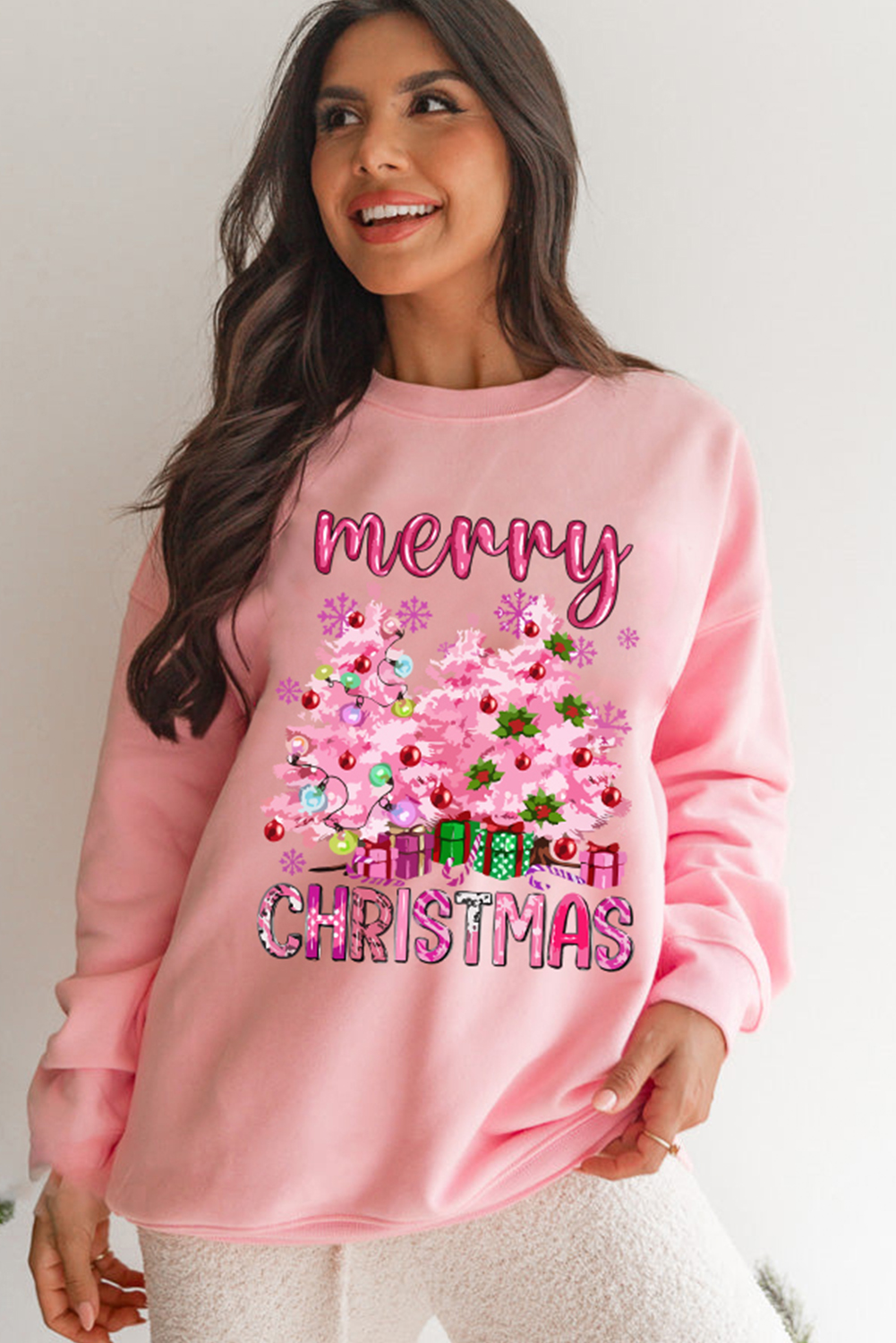 Women's Sweatshirt, Pink, Christmas Graphic, Crew Neck, Pullover, Casual, Holiday Wear, Christmas Celebrations, Layering, Graphic Sweatshirt, Fun and Festive, Holiday Fashion, Tops, Graphic Sweatshirts, Christmas Gift Idea - Detail View 4 Women's Sweatshirt, Pink, Christmas Graphic, Crew Neck, Pullover, Casual, Holiday Wear, Christmas Celebrations, Layering, Graphic Sweatshirt, Fun and Festive, Holiday Fashion, Tops, Graphic Sweatshirts, Christmas Gift Idea - Detail View 4