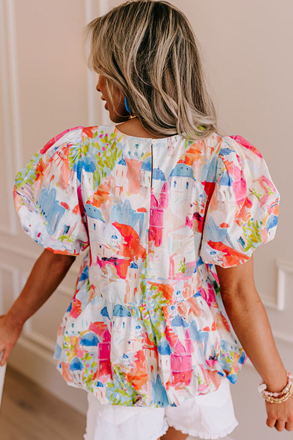 Elegant Abstract Pattern Top, Feminine Short Sleeve Blouse - Detail View 6 Elegant Abstract Pattern Top, Feminine Short Sleeve Blouse - Detail View 6