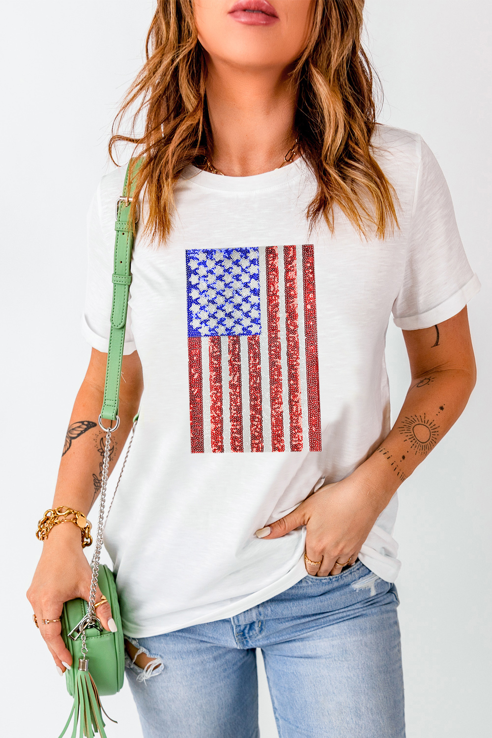 Women's Patriotic Flag Graphic Tee, Shimmery Sequin Short Sleeve - Detail View 4 Women's Patriotic Flag Graphic Tee, Shimmery Sequin Short Sleeve - Detail View 4