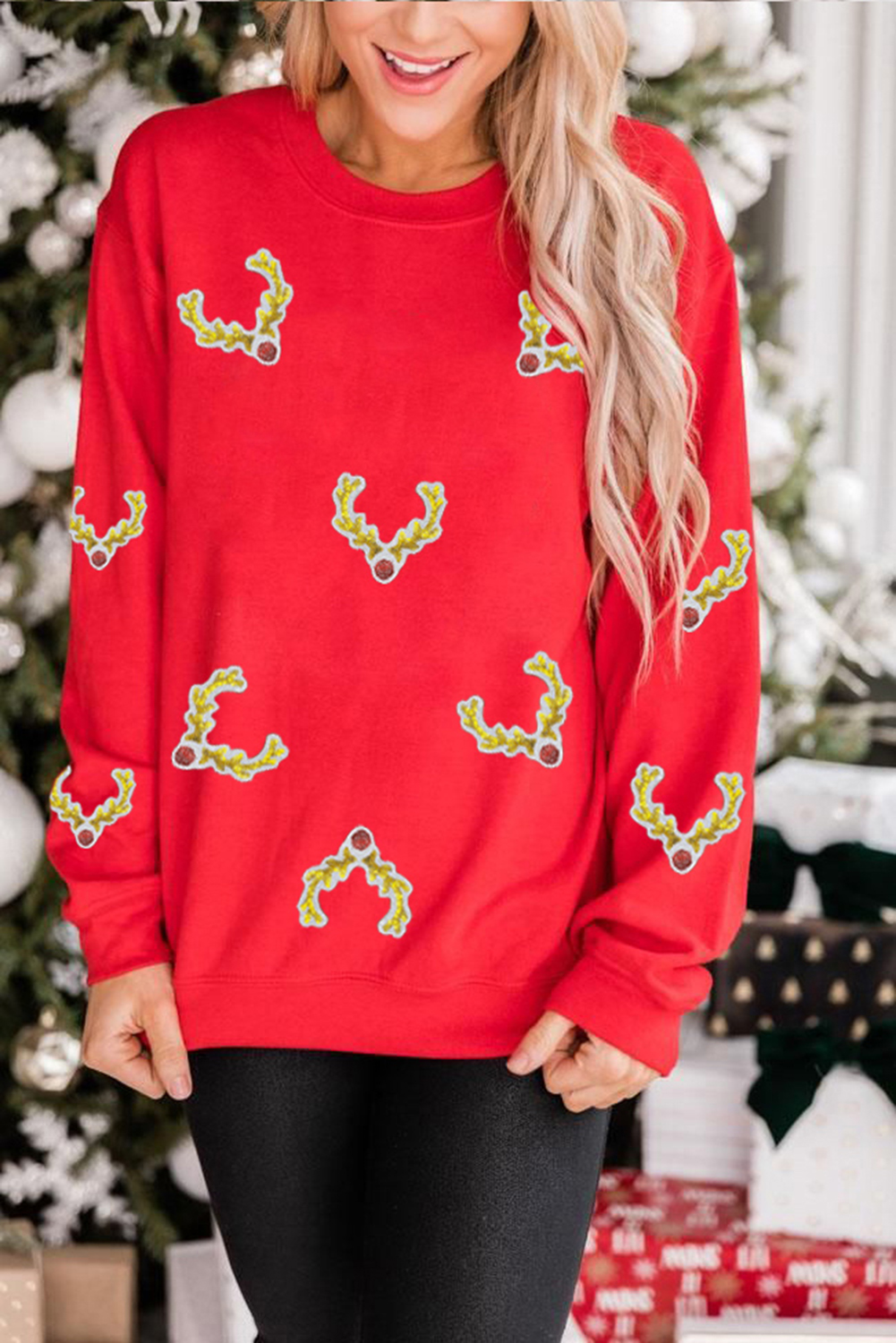 Festive Long Sleeve Graphic Sweatshirt with Deer Horn Patches - Perfect for Winter Celebrations - Detail View 2 Festive Long Sleeve Graphic Sweatshirt with Deer Horn Patches - Perfect for Winter Celebrations - Detail View 2