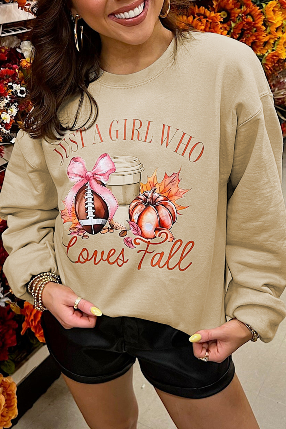 Chic and Casual Long Sleeve Sweatshirt with Pumpkin Print - Just a Girl Who Loves Fall - Detail View 2 Chic and Casual Long Sleeve Sweatshirt with Pumpkin Print - Just a Girl Who Loves Fall - Detail View 2