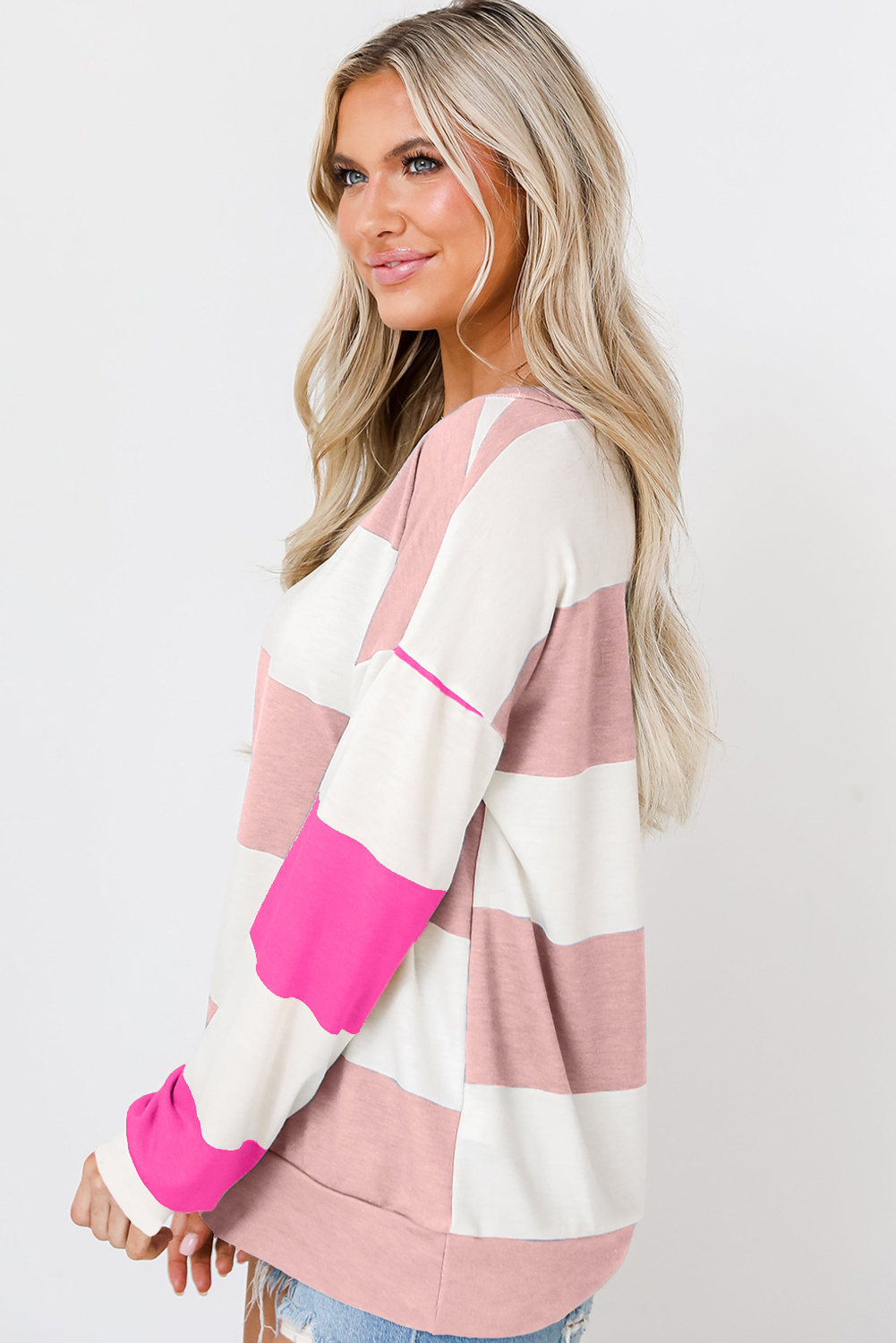 Casual Long Sleeve Top with Colorblock Stripes - Drop Shoulder Design in Light Pink - Detail View 2 Casual Long Sleeve Top with Colorblock Stripes - Drop Shoulder Design in Light Pink - Detail View 2