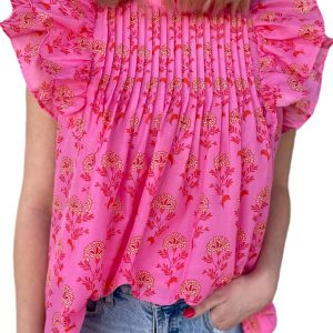 Women's Floral Print Flutter Sleeve Blouse with Pleated Detail - Main View