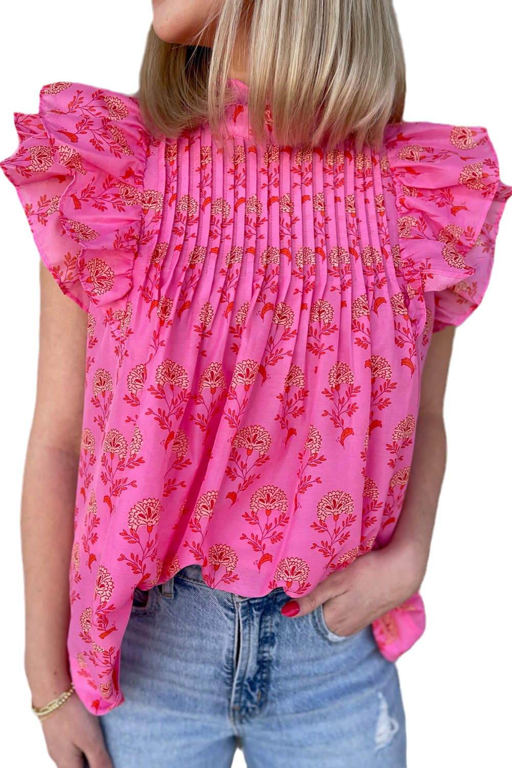 Women's Floral Print Flutter Sleeve Blouse with Pleated Detail - Main View Women's Floral Print Flutter Sleeve Blouse with Pleated Detail - Main View