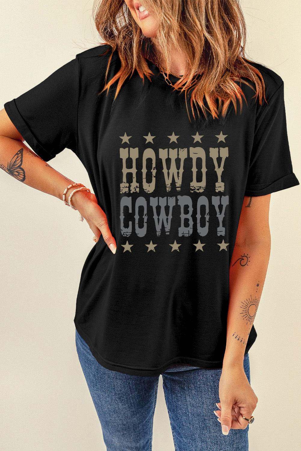 Women's Black HOWDY COWBOY Star Print Crew Neck T-Shirt - Detail View 6 Women's Black HOWDY COWBOY Star Print Crew Neck T-Shirt - Detail View 6