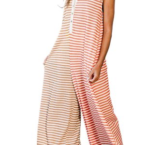 Women's Striped Jumpsuit, Sleeveless Wide Leg Casual Romper - Main View