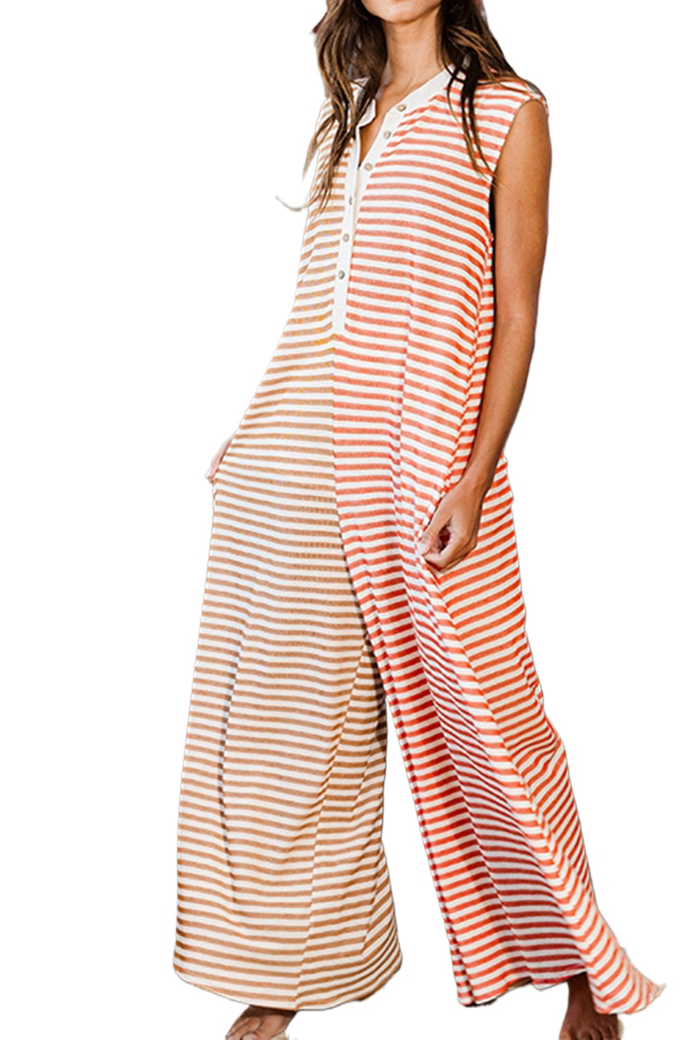 Women's Striped Jumpsuit, Sleeveless Wide Leg Casual Romper - Main View Women's Striped Jumpsuit, Sleeveless Wide Leg Casual Romper - Main View