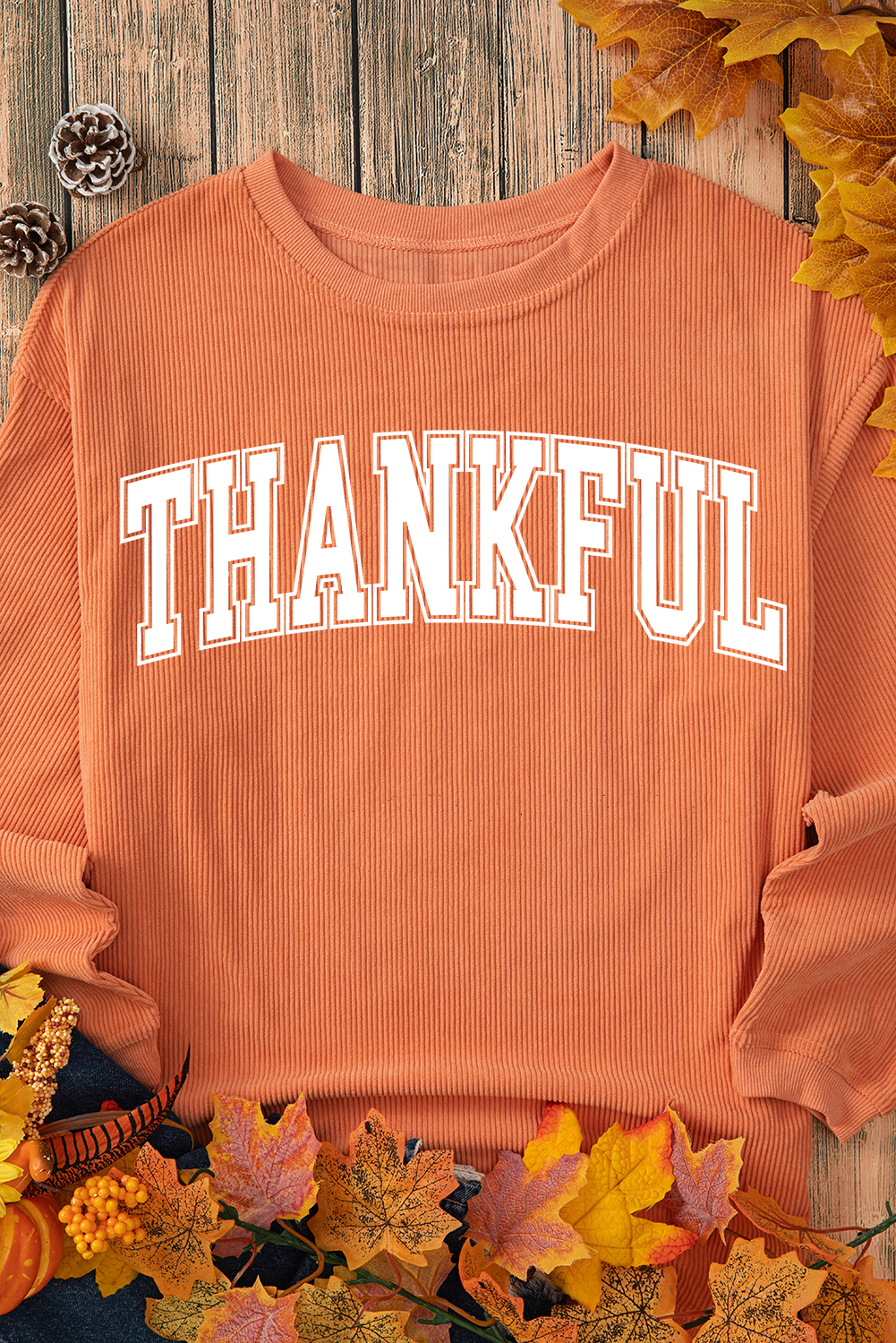 Cozy Orange Graphic Sweatshirt with THANKFUL Message - Perfect for Thanksgiving Day - Detail View 2 Cozy Orange Graphic Sweatshirt with THANKFUL Message - Perfect for Thanksgiving Day - Detail View 2