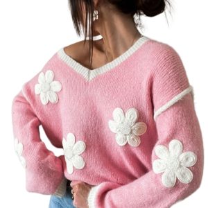 Women's Pink Floral V Neck Dropped Shoulder Sweater - Main View