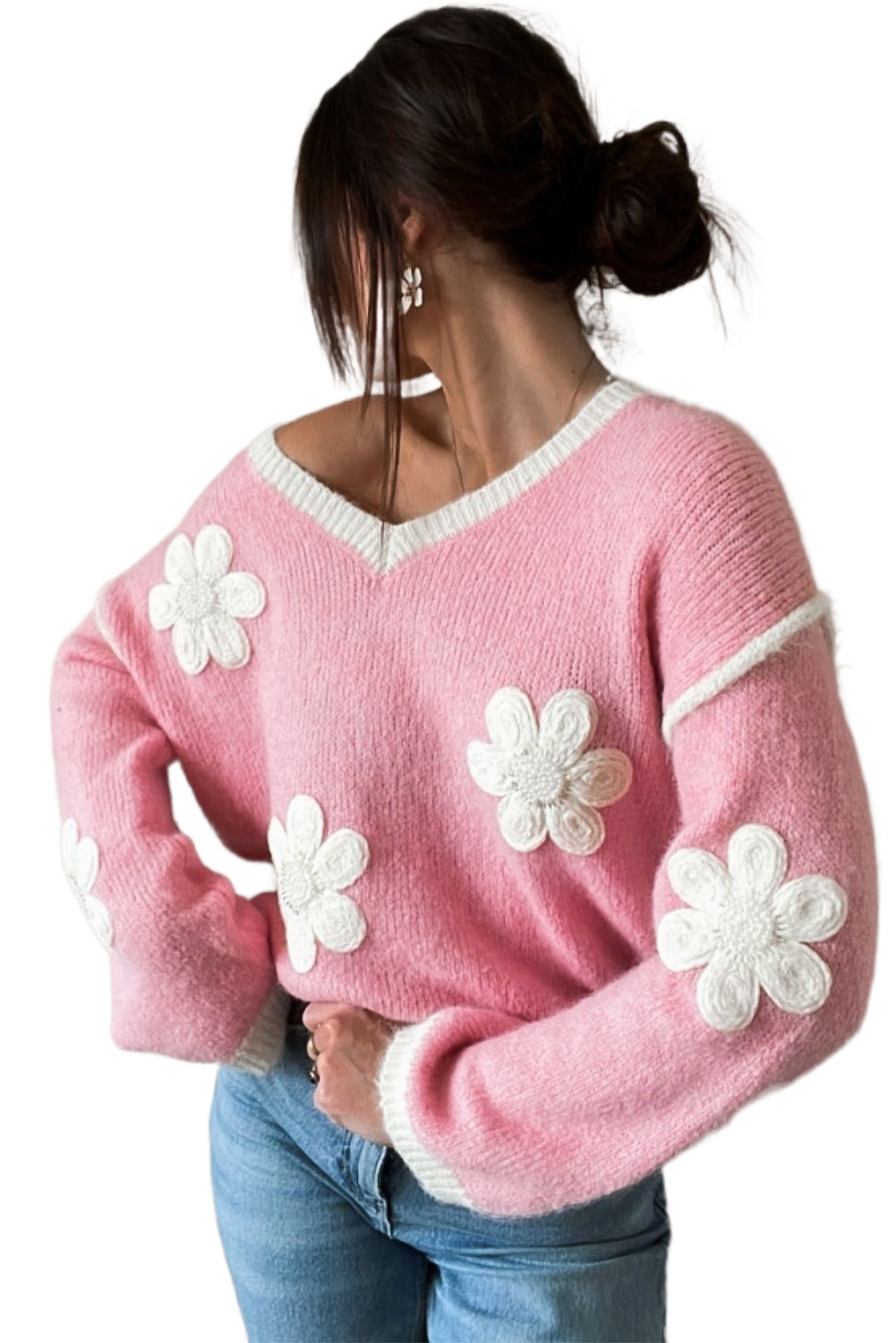 Women's Pink Floral V Neck Dropped Shoulder Sweater - Main View Women's Pink Floral V Neck Dropped Shoulder Sweater - Main View