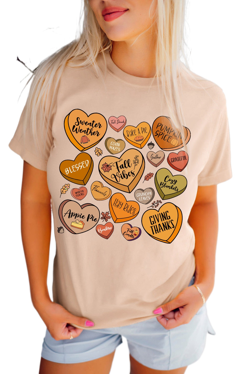 Women's Khaki Candy Heart Thanksgiving Graphic Tee - Main View Women's Khaki Candy Heart Thanksgiving Graphic Tee - Main View
