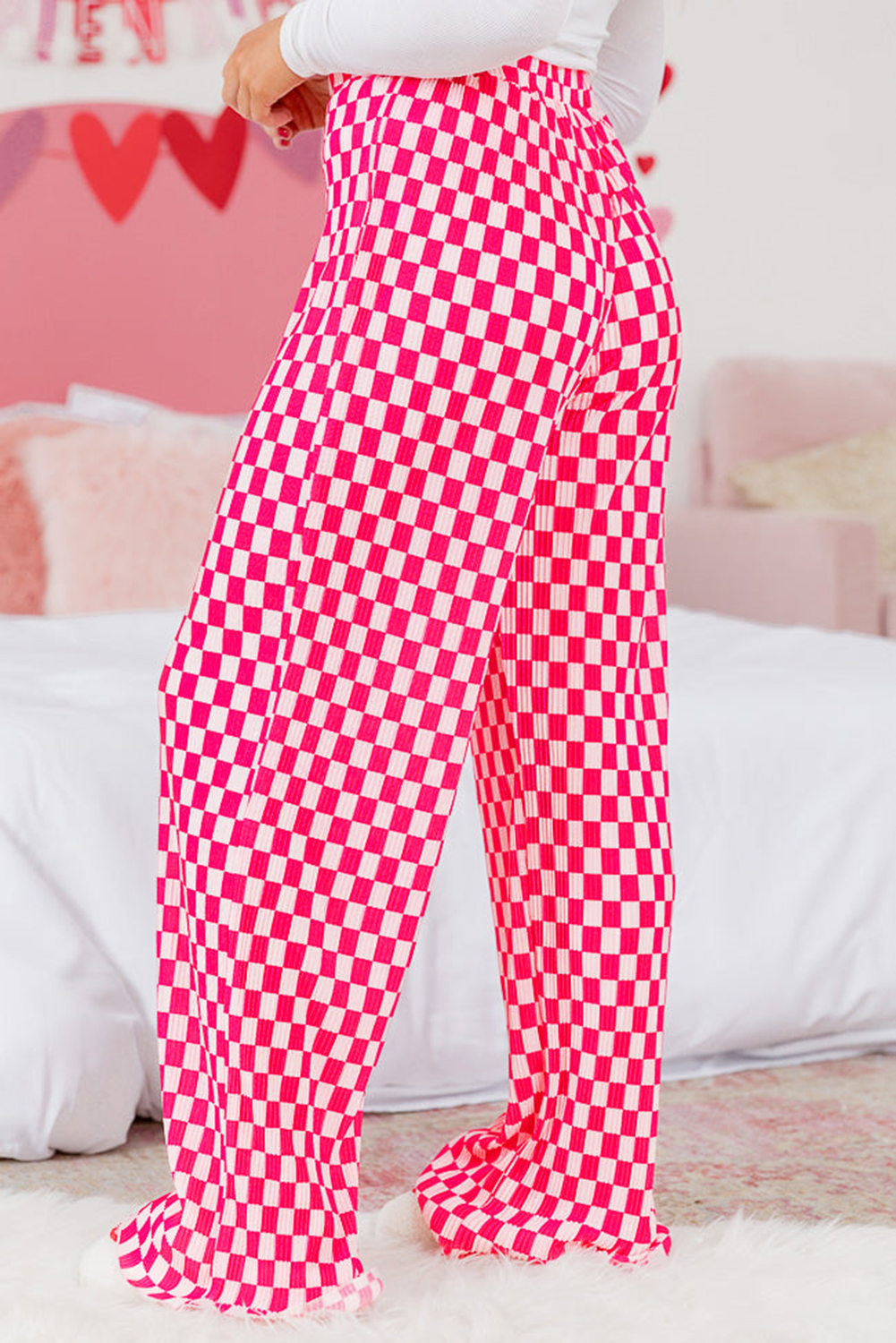 Cozy and Comfortable Pink Checkered Pajama Set - Long Sleeve Buttoned Shirt with High Waist Pants - Detail View 8 Cozy and Comfortable Pink Checkered Pajama Set - Long Sleeve Buttoned Shirt with High Waist Pants - Detail View 8