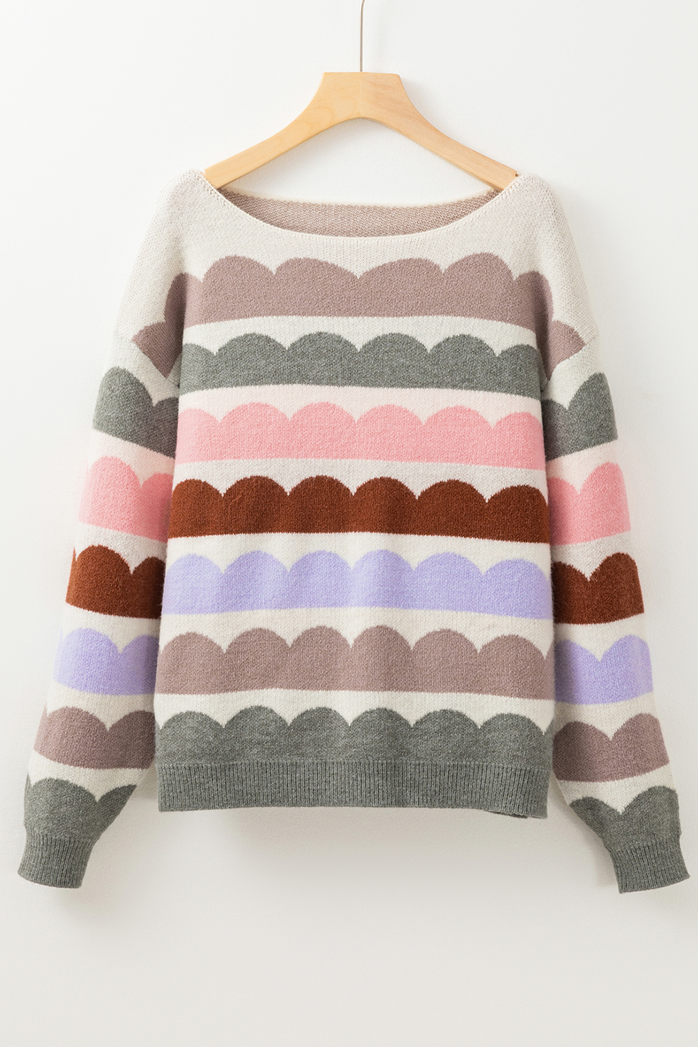 Trendy Women's Gray Striped Sweater with Balloon Sleeves and Relaxed Fit - Detail View 6 Trendy Women's Gray Striped Sweater with Balloon Sleeves and Relaxed Fit - Detail View 6