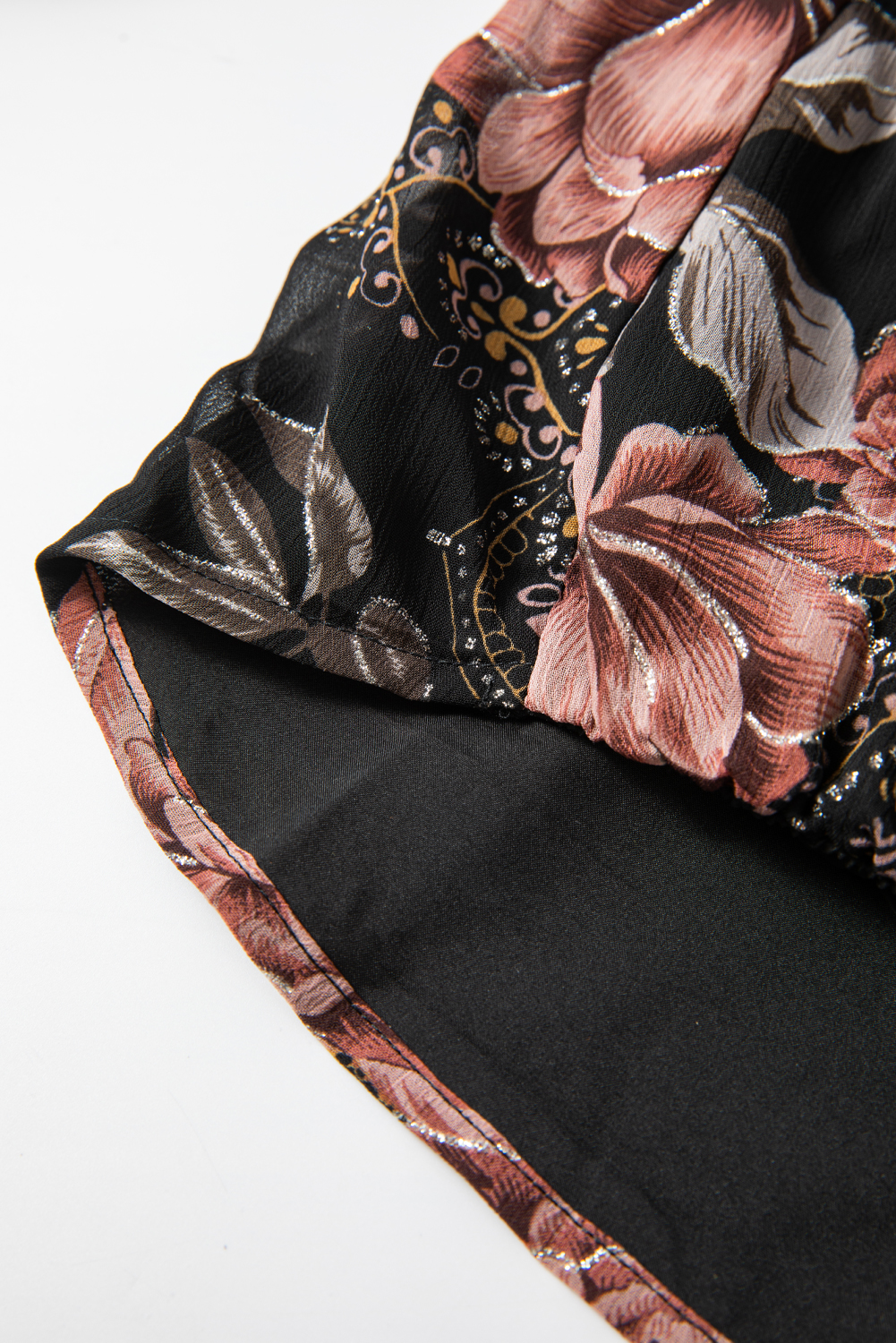 Women's Black Floral Print Criss Cross V Neck Balloon Sleeve Blouse - Detail View 9 Women's Black Floral Print Criss Cross V Neck Balloon Sleeve Blouse - Detail View 9