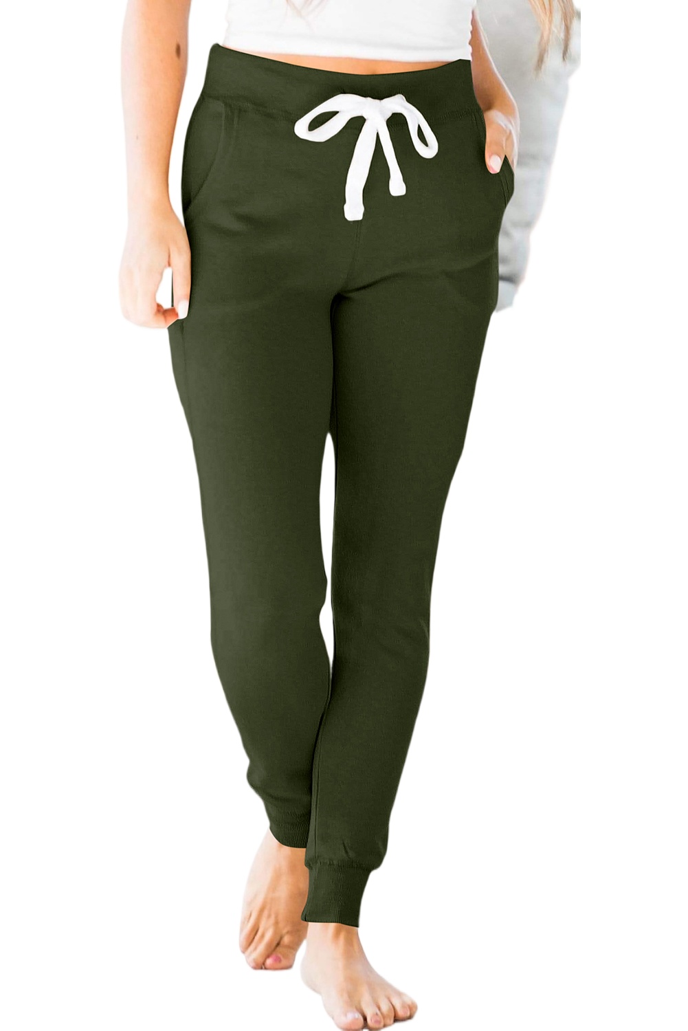Women's Moss Green Joggers, Casual Drawstring Waist Pants - Main View Women's Moss Green Joggers, Casual Drawstring Waist Pants - Main View
