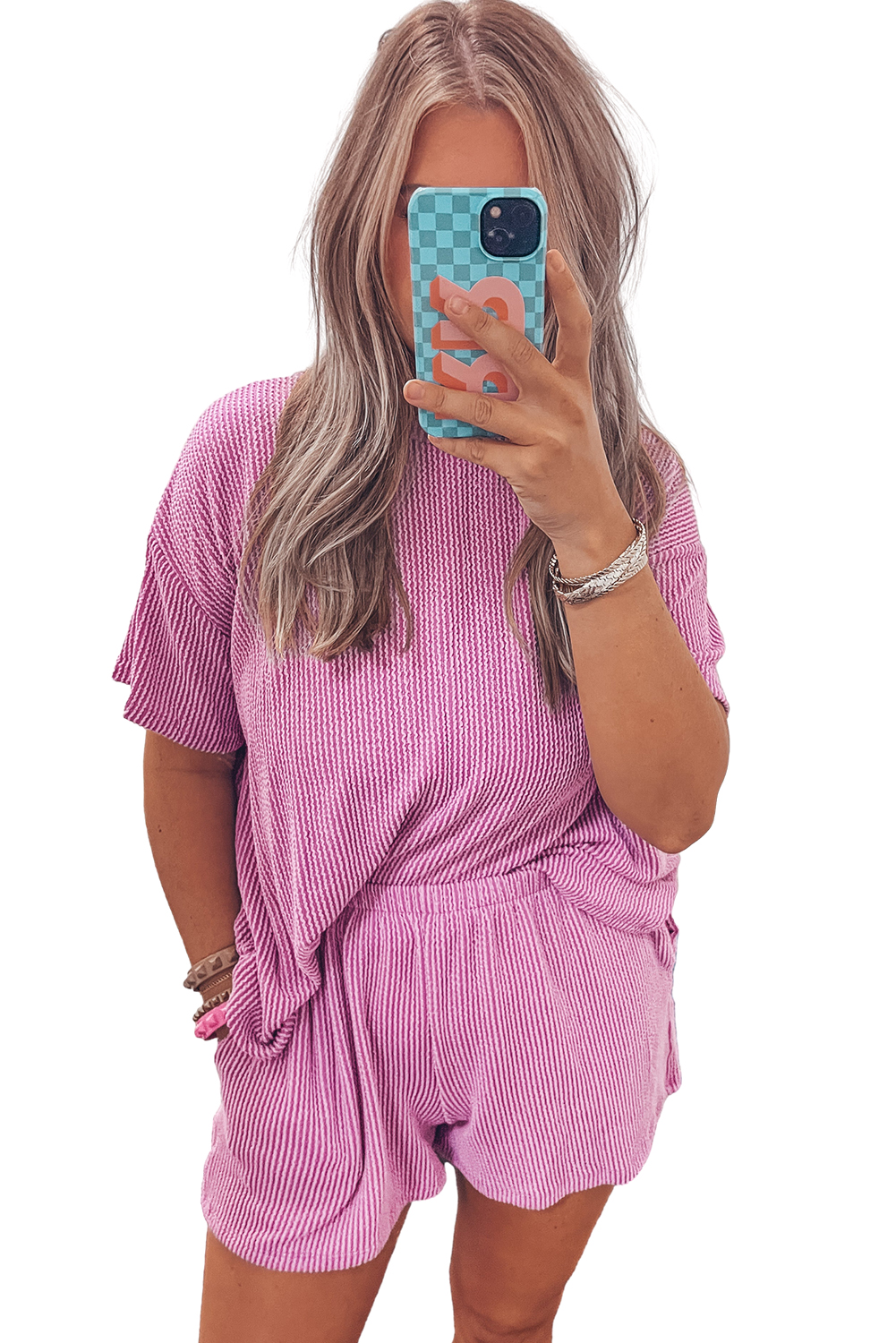 Phalaenopsis Pink Knit Short Set, Relaxed Women's Daily Wear - Detail View 11 Phalaenopsis Pink Knit Short Set, Relaxed Women's Daily Wear - Detail View 11