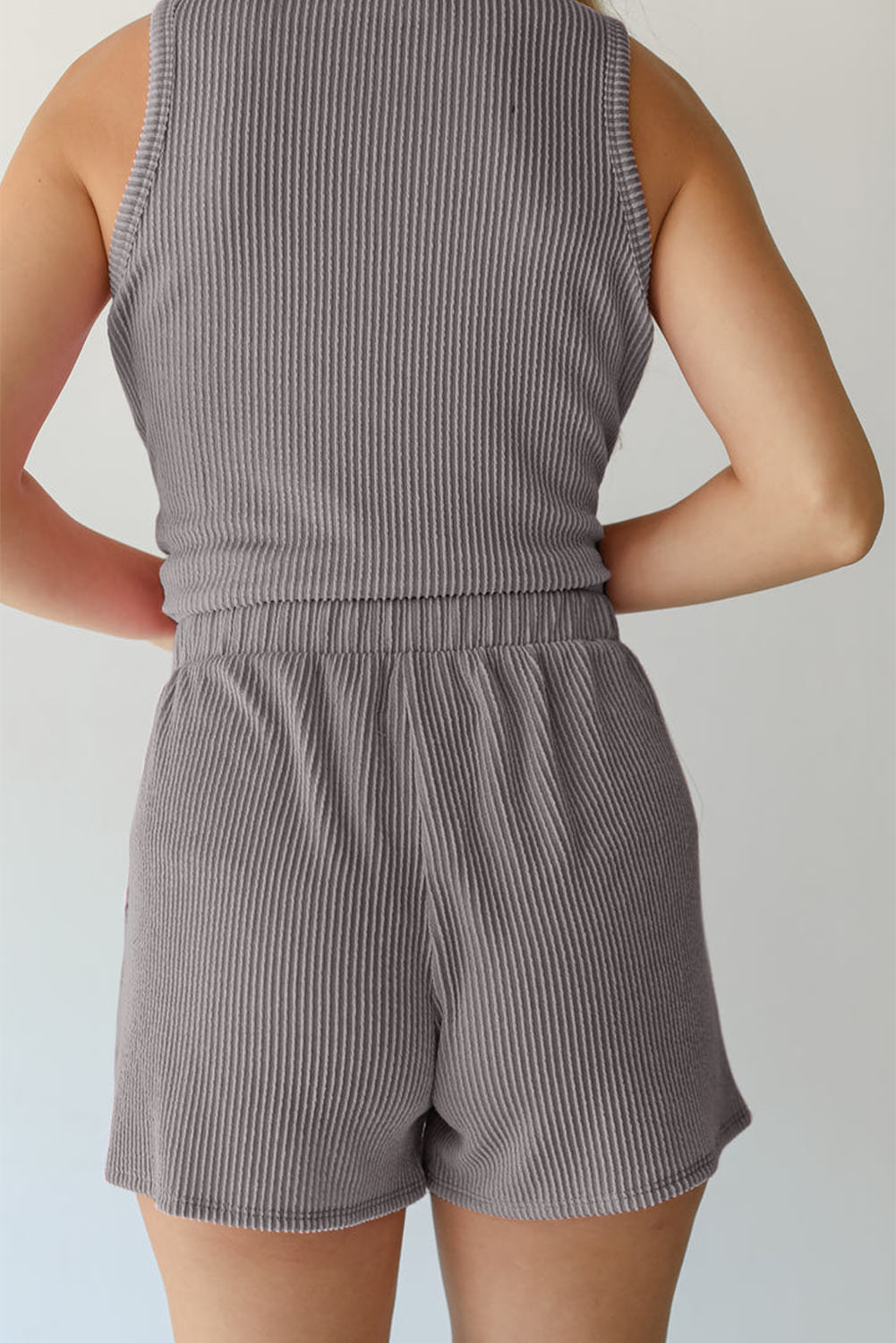 Grey Ribbed Short Set, Versatile Sleeveless Casual Summer Top - Detail View 3 Grey Ribbed Short Set, Versatile Sleeveless Casual Summer Top - Detail View 3